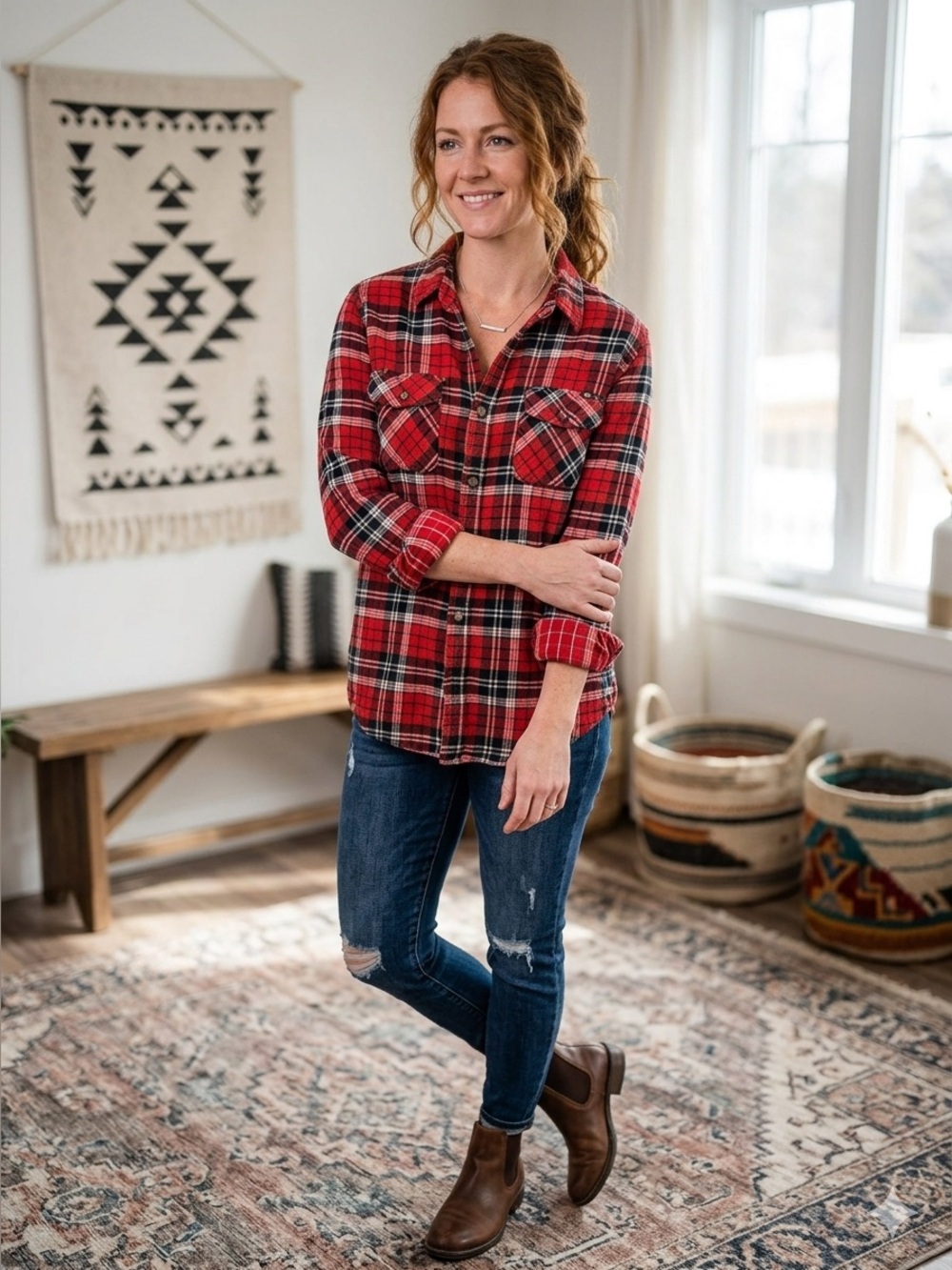 Reef Red and Black Plaid Flannel Shirt